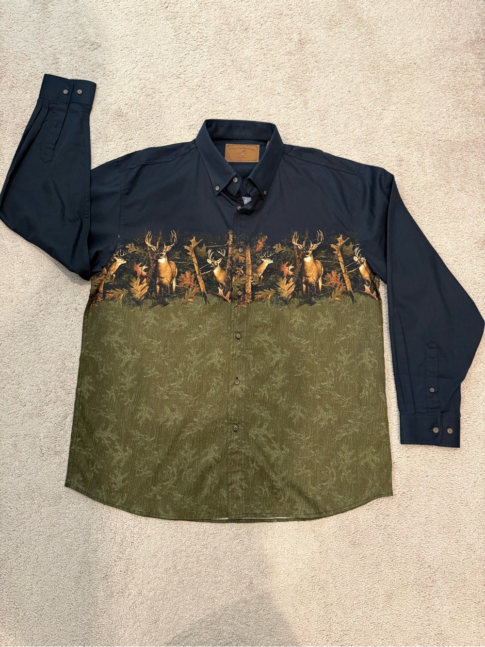 North River Men's Long-Sleeve Button-Down in Navy and Olive with Deer Print